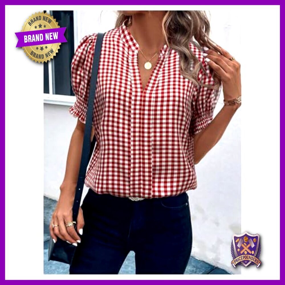 Puff Sleeve Blouse Gingham Print V Neck Dressy Casual Shirt Top Chic - Picture 4 of 4